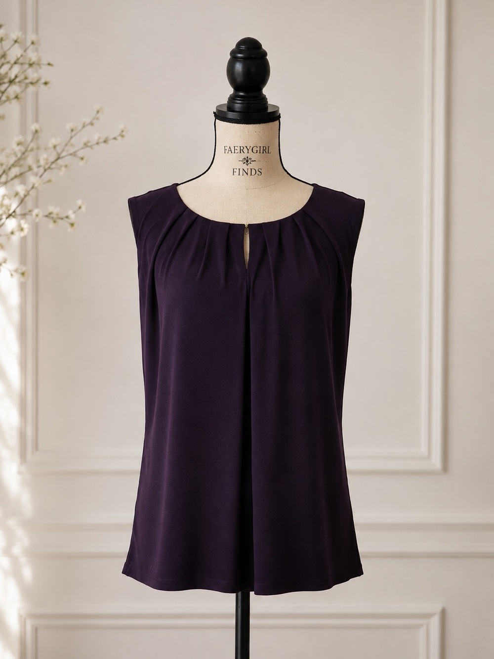 Kasper Sleeveless Pleated Keyhole Camisole in Deep Plum